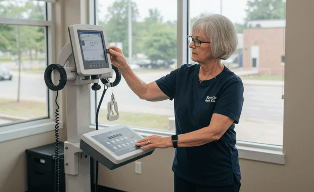 woman operating a machine